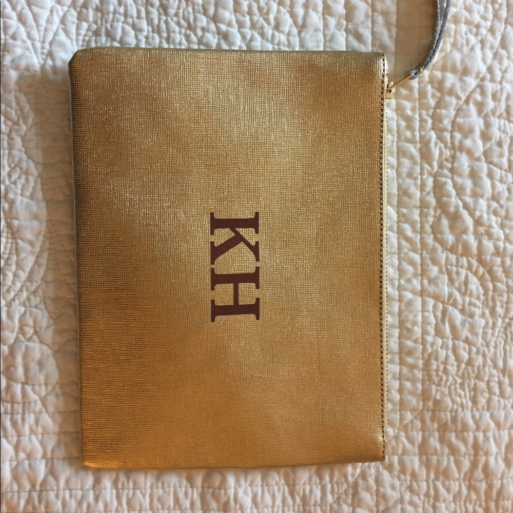 West Elm Monogrammed Gold Leather Zipper Pouch